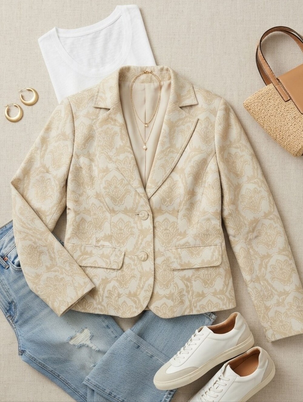 Liz Claiborne Crazy Horse Cream Tan Brocade Style Button Up Blazer Jacket